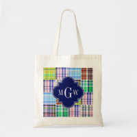 Preppy Patchwork Madras Navy Quatrefoil Monogram