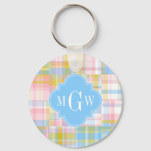 Preppy Patchwork Madras Pastel Quatrefoil Initials Keychain