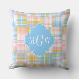 Preppy Patchwork Madras Pastel Quatrefoil Initials Throw Pillow