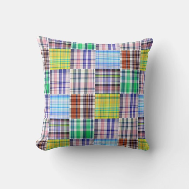 Preppy Patchwork Madras Plaid Pattern Throw Pillow (Front)