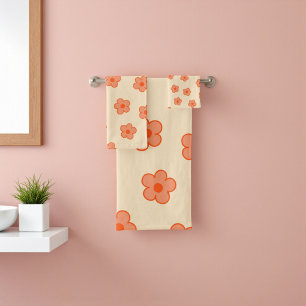 Preppy Peach Orange Hippie Flower Bath Towel Set