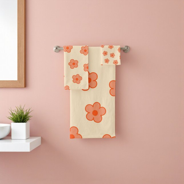 Preppy Peach Orange Hippie Flower Bath Towel Set (Preppy Peach Orange Hippie Flower Bath Towel Set)