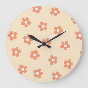 Preppy Peach White Hippie Flower Pattern Large Clock