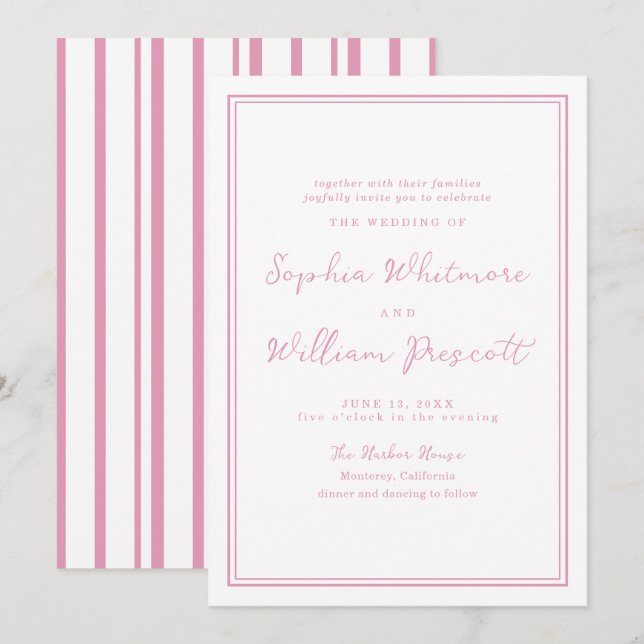 Preppy Peony Pink Striped Wedding Invitation (Front/Back)