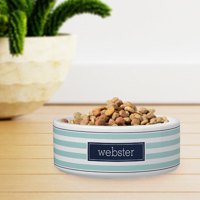 Preppy Personalized Mint & Navy Stripe Pet Bowl (Creator Uploaded)