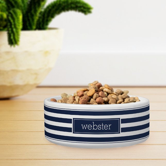 Preppy Personalized Navy Blue Stripe Pet Bowl (Creator Uploaded)