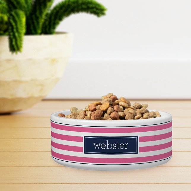 Preppy Personalized Pink & Navy Stripe Pet Bowl (Creator Uploaded)