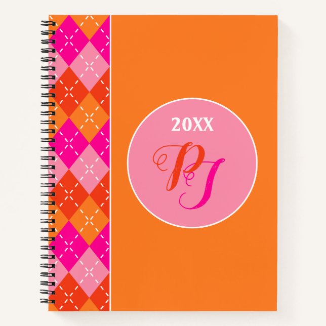 Preppy Personalized Sporty Pink and Orange Argyle Notebook (Front)
