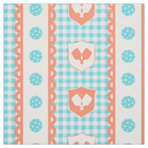 Preppy Pickleball Crest Gingham  Coral & Turquoise Fabric