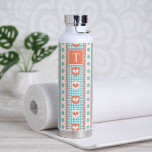Preppy Pickleball Crest Gingham Coral & Turquoise Water Bottle