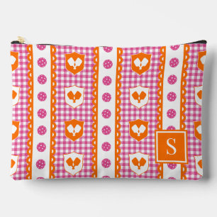 Preppy Pickleball Crest Gingham - Hot Pink Orange Accessory Pouch