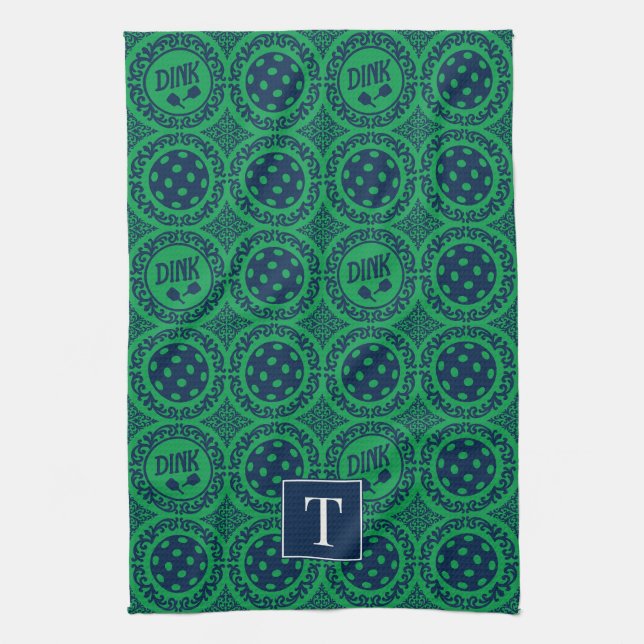 Preppy Pickleball Damask - Navy & Green Dink  Kitchen Towel (Vertical)
