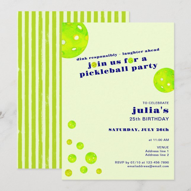 Preppy Pickleball Dink Responsibly Birthday Party Invitation (Front/Back)