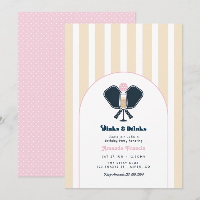 Preppy Pickleball Dinks & Drinks Birthday Party Invitation (Front/Back)