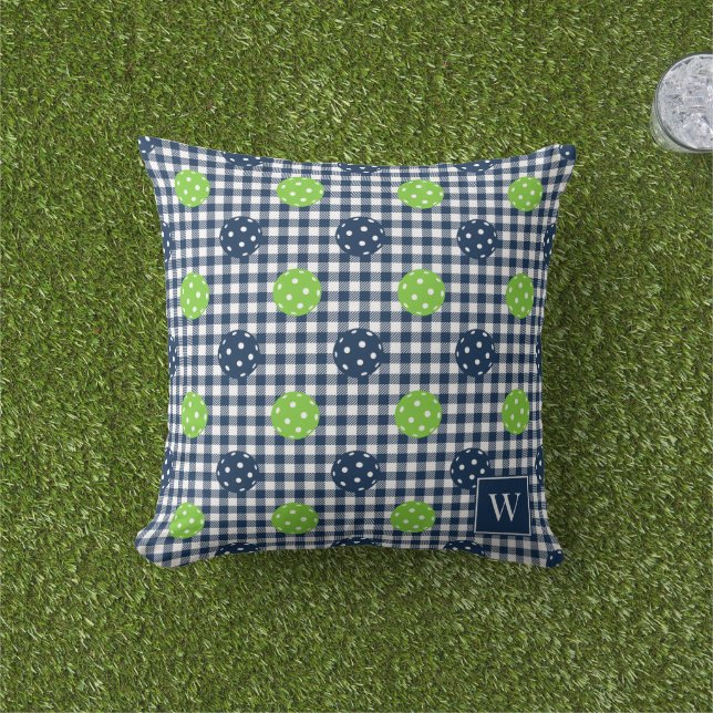 Preppy Pickleball Gingham – Navy & Lime Outdoor Pillow (Grass)