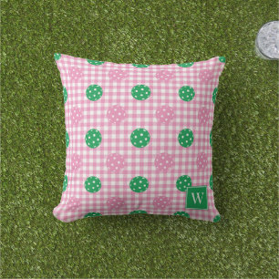 Preppy Pickleball Gingham – Pink & Green Outdoor Pillow
