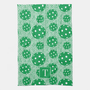 Preppy Pickleball Greek Key - Green & White Kitchen Towel