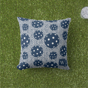 Preppy Pickleball Greek Key – Navy & White Outdoor Pillow