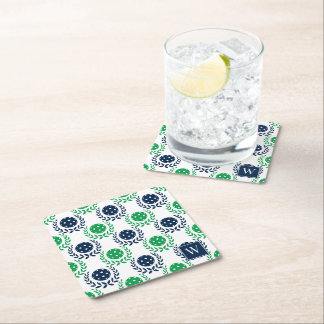 Preppy Pickleball Laurel Wreath –Navy & Green Square Paper Coaster