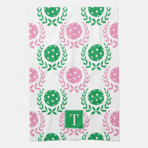 Preppy Pickleball Laurel Wreath - Pink & Green Kitchen Towel
