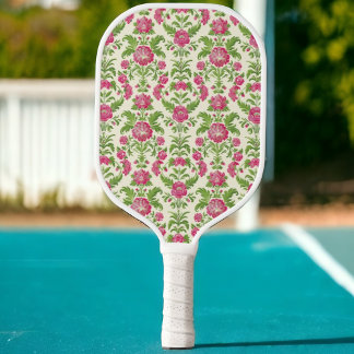 Preppy Pickleball Paddle Pink & Green Damask 