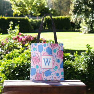 Preppy Pickleball Pattern Monogram Pink Tote Bag
