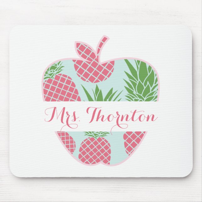 Preppy Pineapple Print Apple Personalized Teacher Mouse Pad (Front)