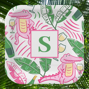 Preppy Pink Alligator Monogram / Wine Lover Paper Plate