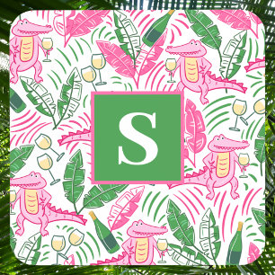 Preppy Pink Alligator Monogram / Wine Palm Leaves Coaster