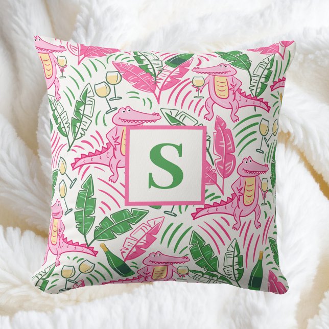 Preppy Pink Alligator & Wine / Monogram Coastal  Throw Pillow (Creator Uploaded)