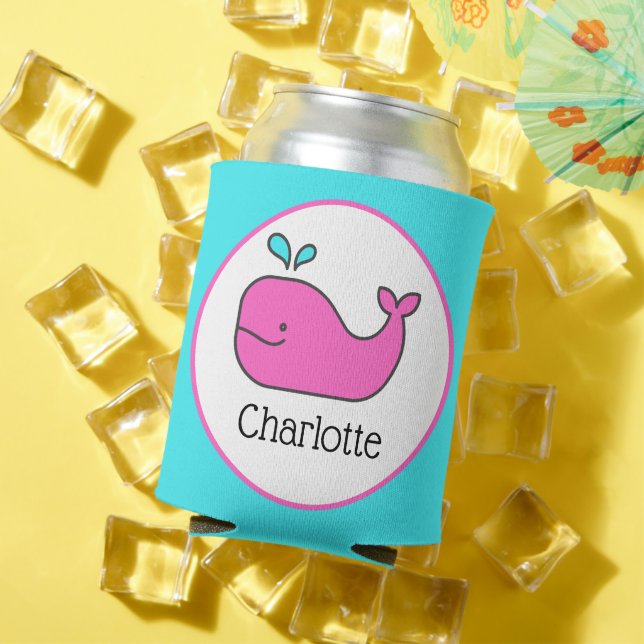 Preppy Pink and Aqua Whale Personalized Can Cooler (In Situ Summer)