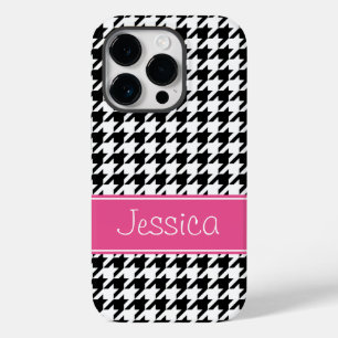 Preppy Pink and Black Houndstooth Personalized Case-Mate iPhone 14 Pro Case