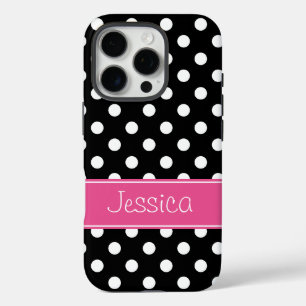 Preppy Pink and Black Polka Dots Personalized iPhone 16 Pro Case