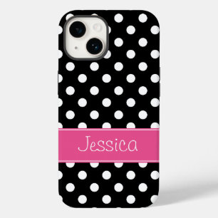 Preppy Pink and Black Polka Dots Personalized Case-Mate iPhone 14 Case