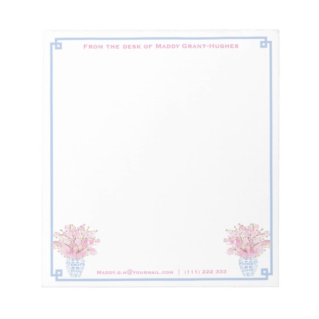 Preppy Pink And Blue Custom Stationery With Name Notepad (Front)