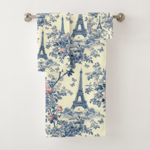 Preppy Pink and Blue Parisian Eiffel Tower Toile Bath Towel Set