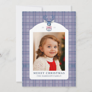 Preppy Pink and Blue Plaid Chinoiserie Christmas  Holiday Card