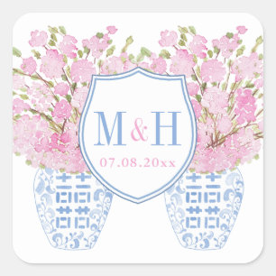 Preppy Pink And Blue Wedding Monogram Crest Square Square Sticker