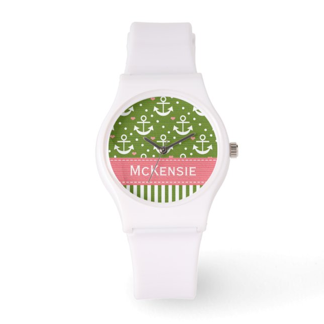 Preppy Pink and Green Anchor Nautical Watch (Front)