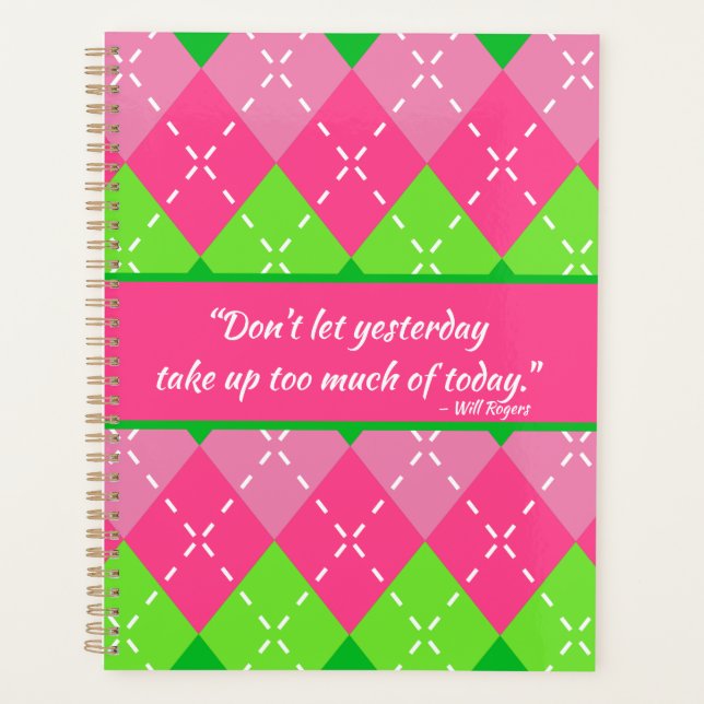 Preppy Pink and Green Argyle with White Stitching  Planner (Front)