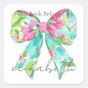 Preppy Pink and Green Bow Personalized Bookplate Square Sticker