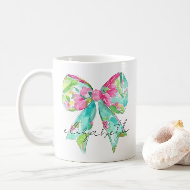 Preppy Pink and Green Bow Personalized Coffee Mug (With Donut)