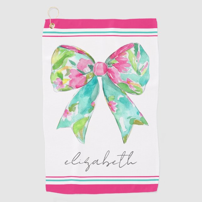 Preppy Pink and Green Bow Personalized Golf Towel (Front)