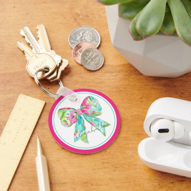 Preppy Pink and Green Bow Personalized Keychain (Desk)