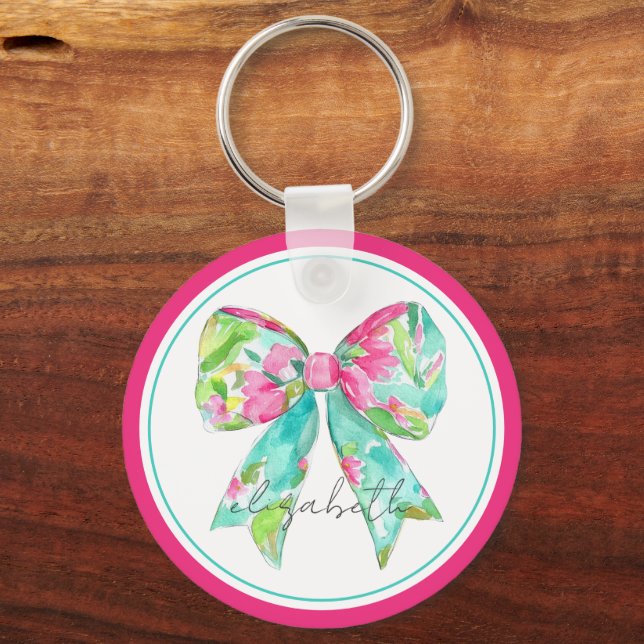 Preppy Pink and Green Bow Personalized Keychain (Front)
