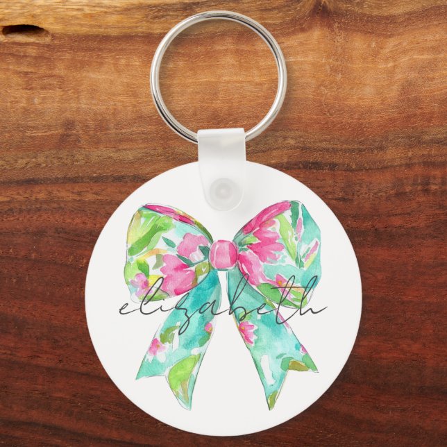 Preppy Pink and Green Bow Personalized Keychain (Front)