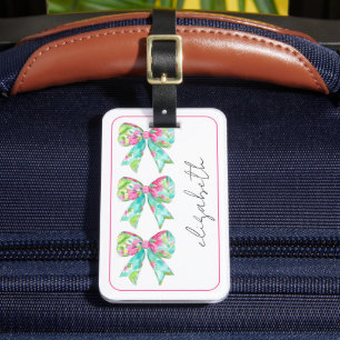 Preppy Pink and Green Bow Personalized Travel Luggage Tag
