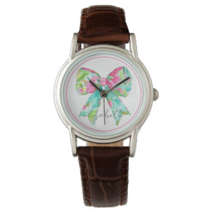 Preppy Pink and Green Bow Personalized Watch