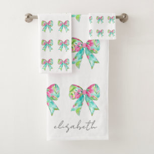Preppy Pink and Green Bows Personalized Bath Towel Set