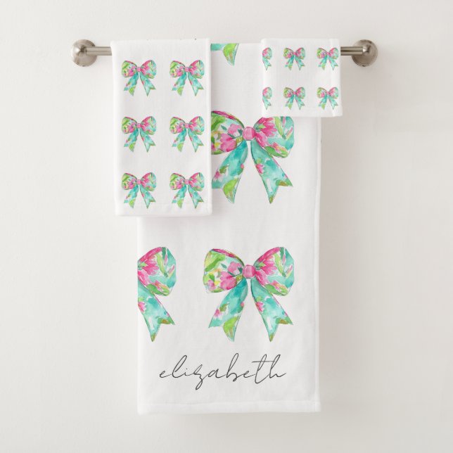 Preppy Pink and Green Bows Personalized Bath Towel Set (Insitu)